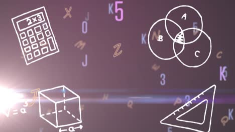 digital animation of geometrical shapes against multiple changing numbers and alphabets against purp