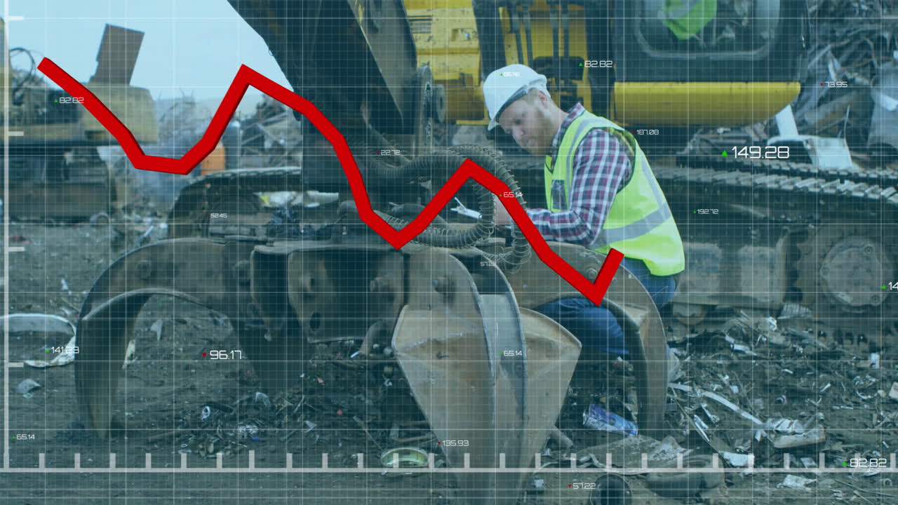 Animazione di mercato azionario in declino su operaio edile in una discarica industriale