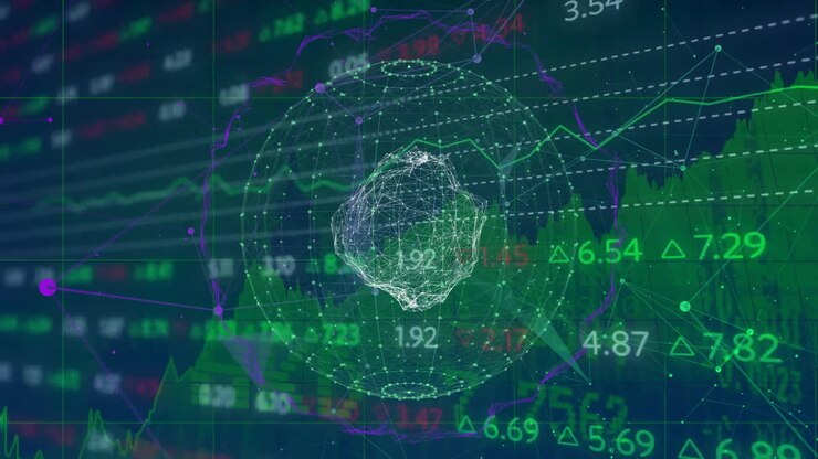 Animation of stock market with globe over blue background