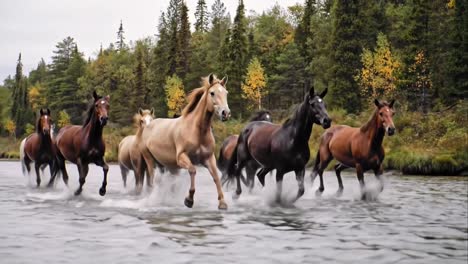 majestic herd of wild horses galloping through a river in an autumn forest.