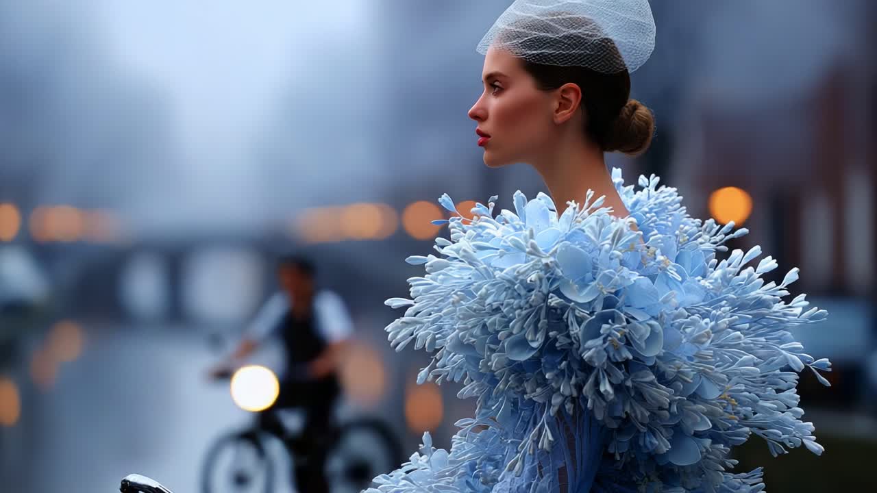 A Fashionable Portrait: A Model Adorned in Stunning Light Blue Floral Ensemble Captured in a Misty Urban Landscape, Evoking Elegance and Sophistication in a Dreamy Atmosphere