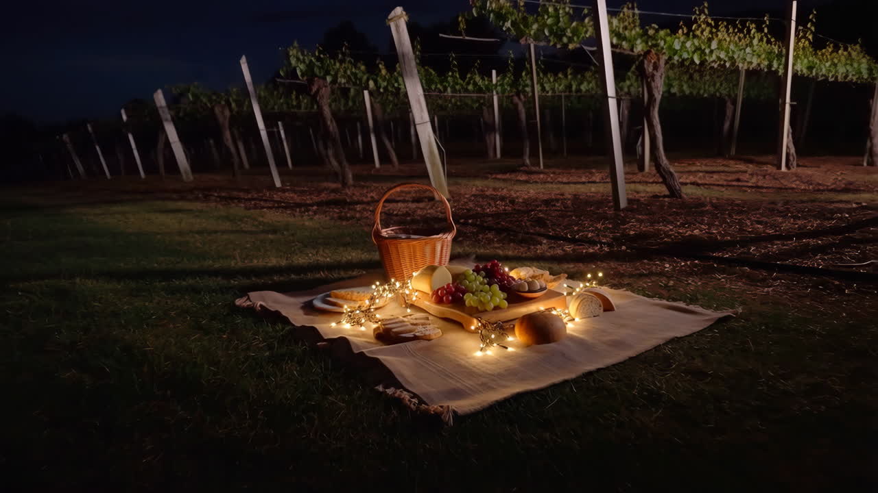 Romantic Night Picnic Setup in a Vineyard