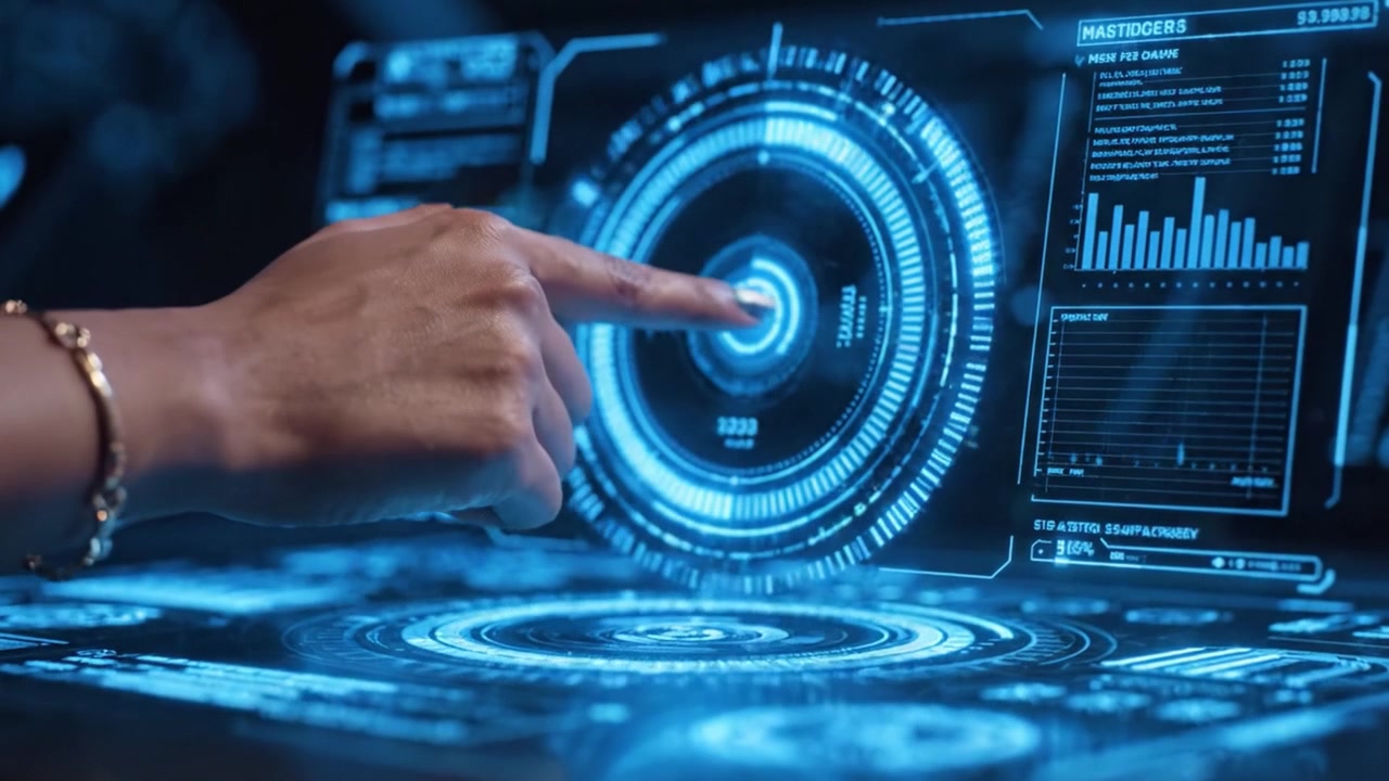 Esplorando il futuro della tecnologia: un primo piano su una mano con un pannello di controllo olografico futuristico pieno di complesse visualizzazioni di dati.