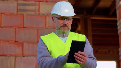 Worker-architect-wearing-a-safety-hardhat-and-vest-working-with-digital-tablet-on-construction-site