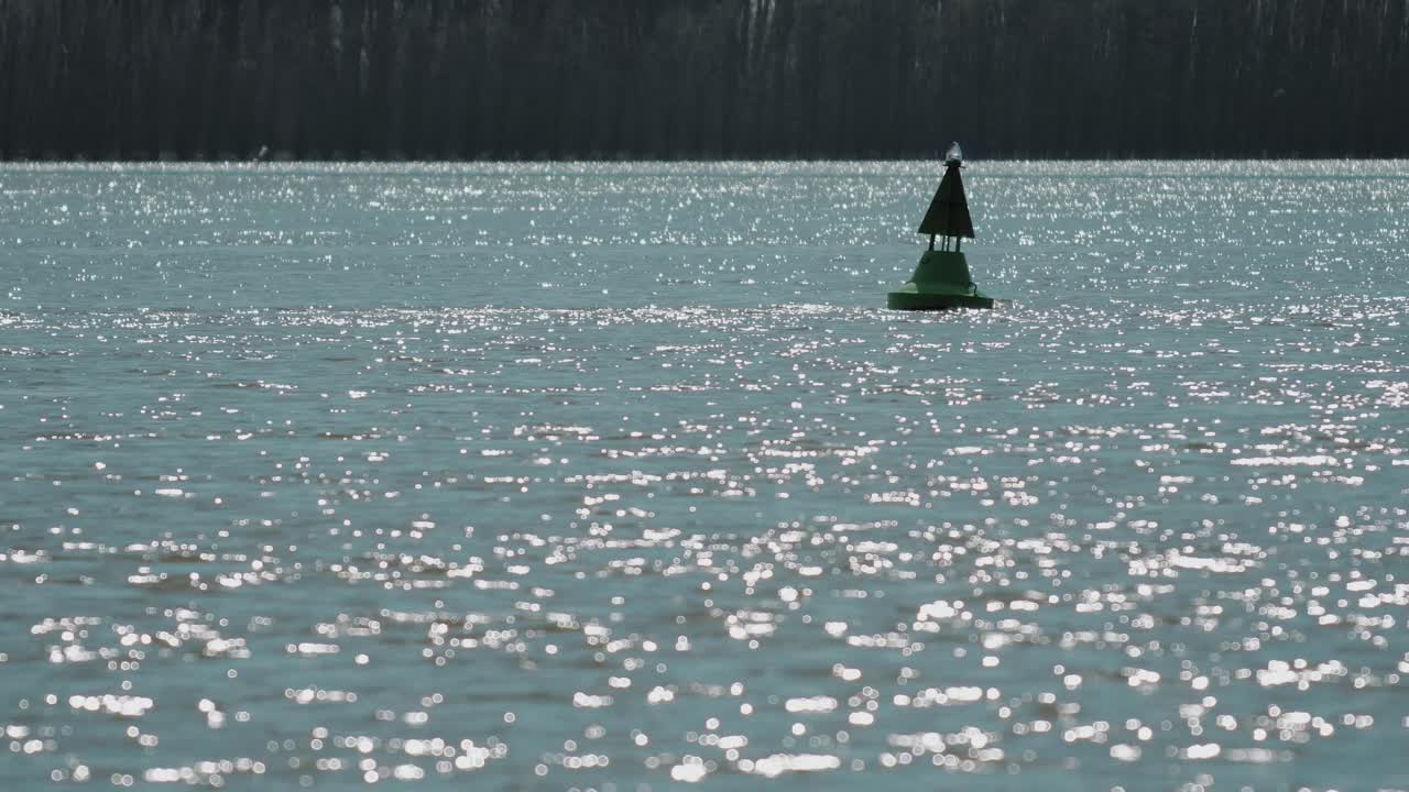 맑은 날, 큰 강에 녹색 부표가 있는 정적인 클로즈업 샷