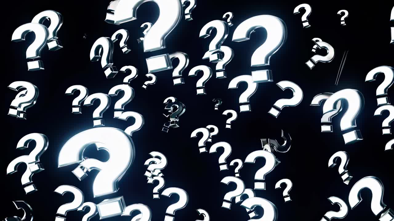 Dynamic video concept with glowing question marks floating in a dark space