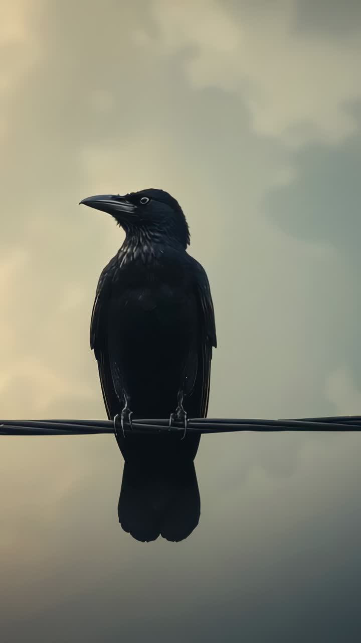Vertical video: Perching large black bird turning head, balancing on wire, watching clouds
