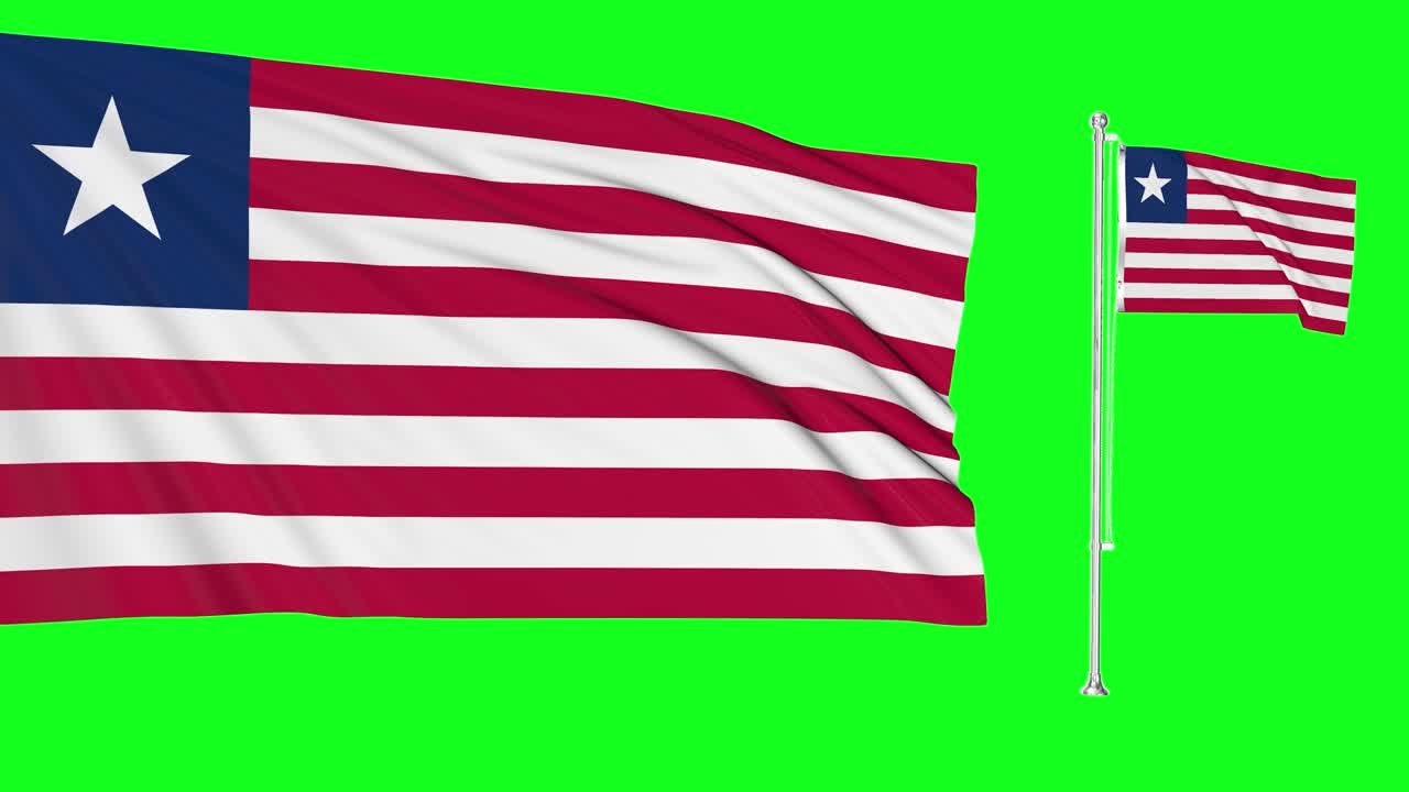 pantalla verde liberia dos banderas ondeando el mástil de la bandera de liberia animación en 3d clave de croma