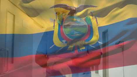 ecuador flag waving against caucasian senior male health worker wearing surgical gloves at hospital