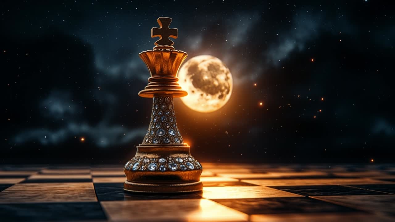 Moonlit chess king piece. A chess king piece stands prominently against a moonlit sky, casting dramatic shadows on the chessboard.
