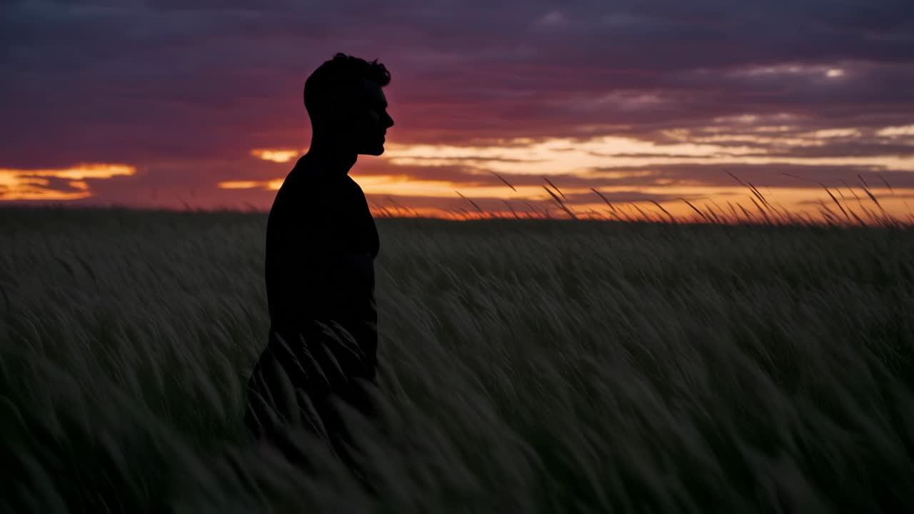 해가 지는 동안 들판에서 고 있는 남자