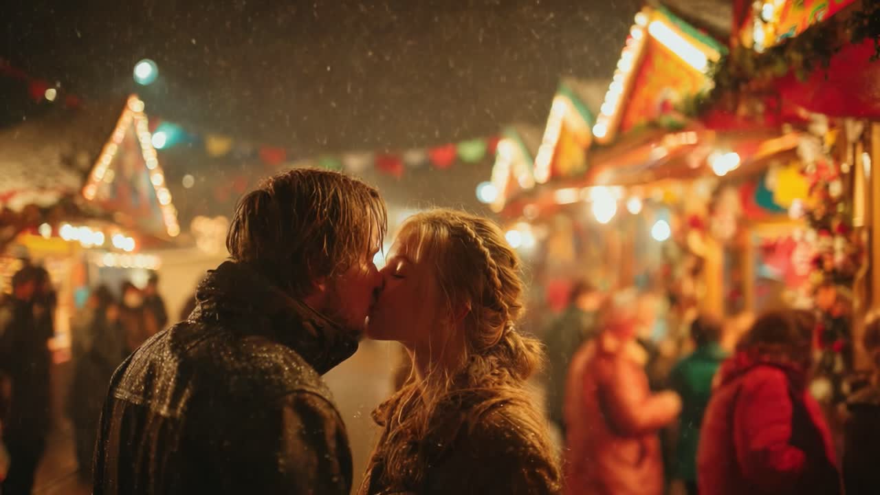 A Magical Winter Evening: A Couple Embraces in a Romantic Kiss Amidst a Festive Market Drenched in Snow and Warm Lights