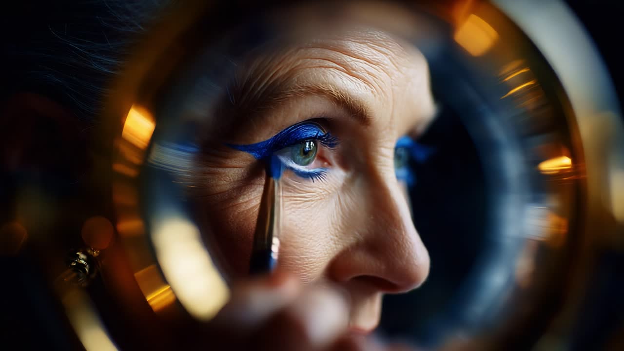 An Artistic Close-Up of Bold Eye Makeup Application Featuring Vibrant Blue Eyeliner, Showcasing Detailed Techniques and Precision with a Brush Through a Reflective Lens