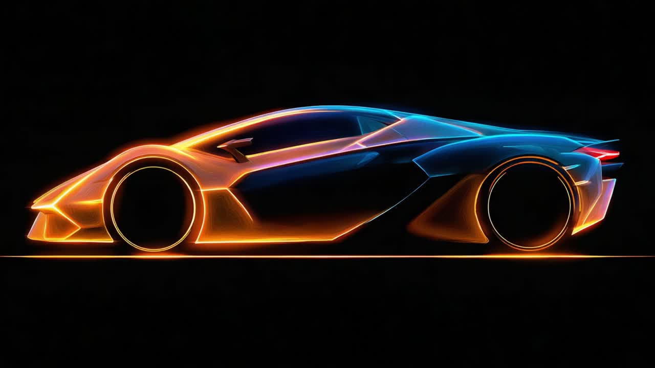 Dynamiczny neonowy obraz eleganckiego samochodu sportowego w sylwetce, emanujący futurystycznym designem i żywymi smugami świetlnymi na ciemnym tle
