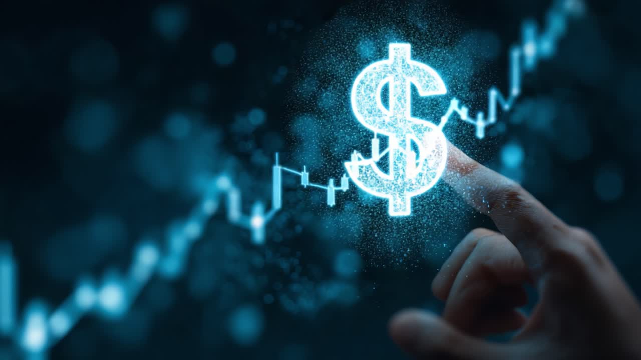 A Futuristic Depiction of Monetary Growth: A Hand Pointing to a Glowing Dollar Sign Amidst Data Trends Illustrating Financial Progress and Investment Growth