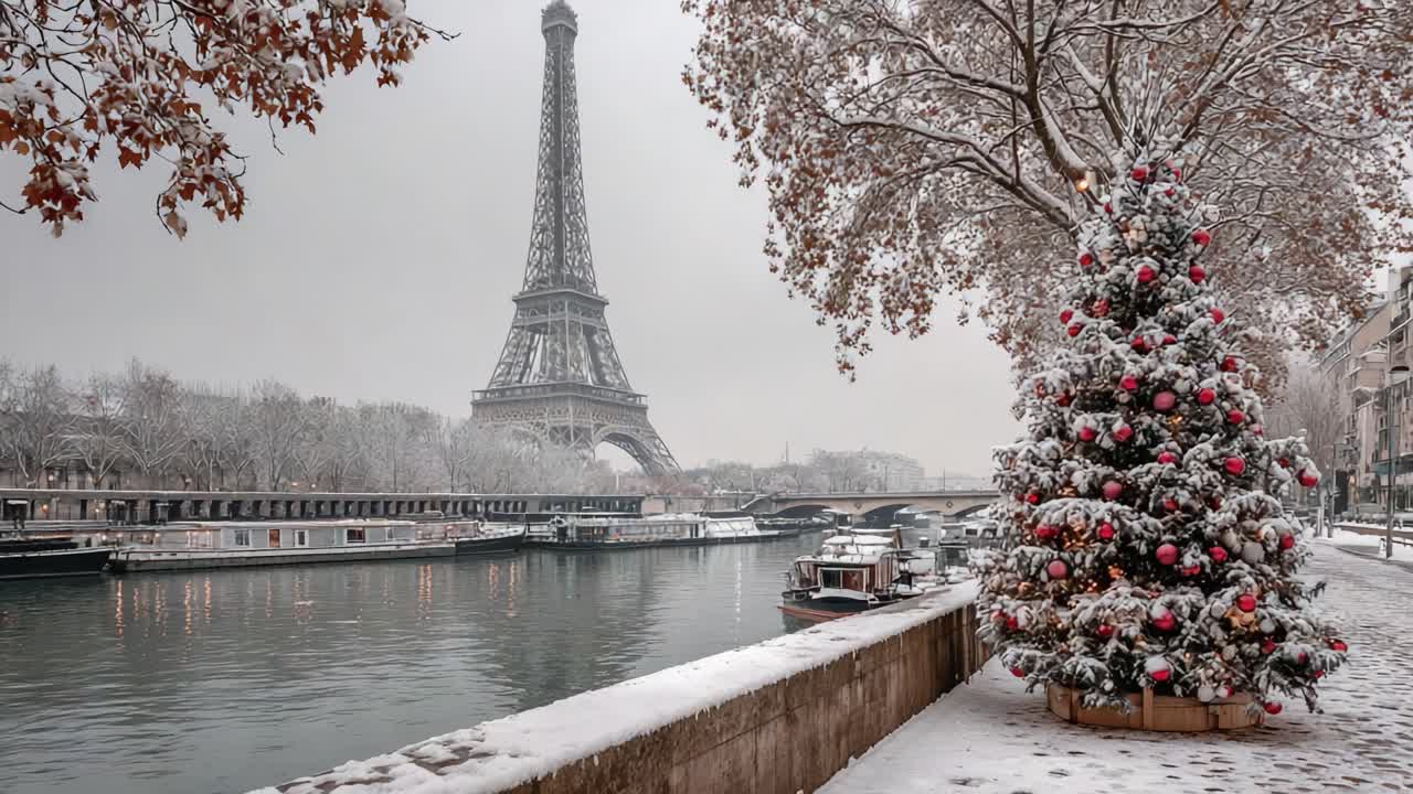 Un’affascinante scena invernale con un albero di Natale innevato e l’iconica torre in un sereno paesaggio fluviale in una città tranquilla