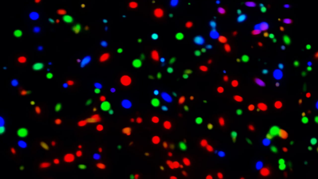 Red Green Blue Bokeh Dot Field On Black, Floating Round Particles Like Confetti Or Microscopic Cells, Playful