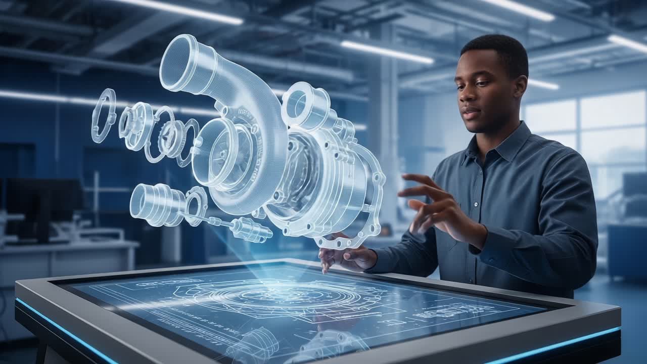 Innovative Engineer Interacting with Holographic Mechanical Components of a Turbocharger in a High-Tech Laboratory Environment