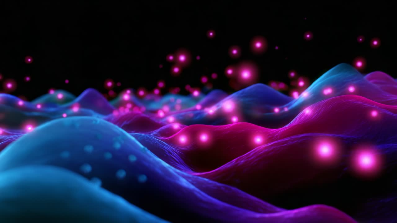 Captivating Waves of Light and Color: This Mesmerizing Digital Landscape Unfolds an Ocean of Motion and Flow, Where Vibrant Hues and Twinkling Particles Create an Enchanting Visual Symphony that Inspires Imagination