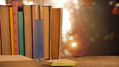 Books-arranged-against-falling-autumn-leaves-and-bright-sunlight-4k