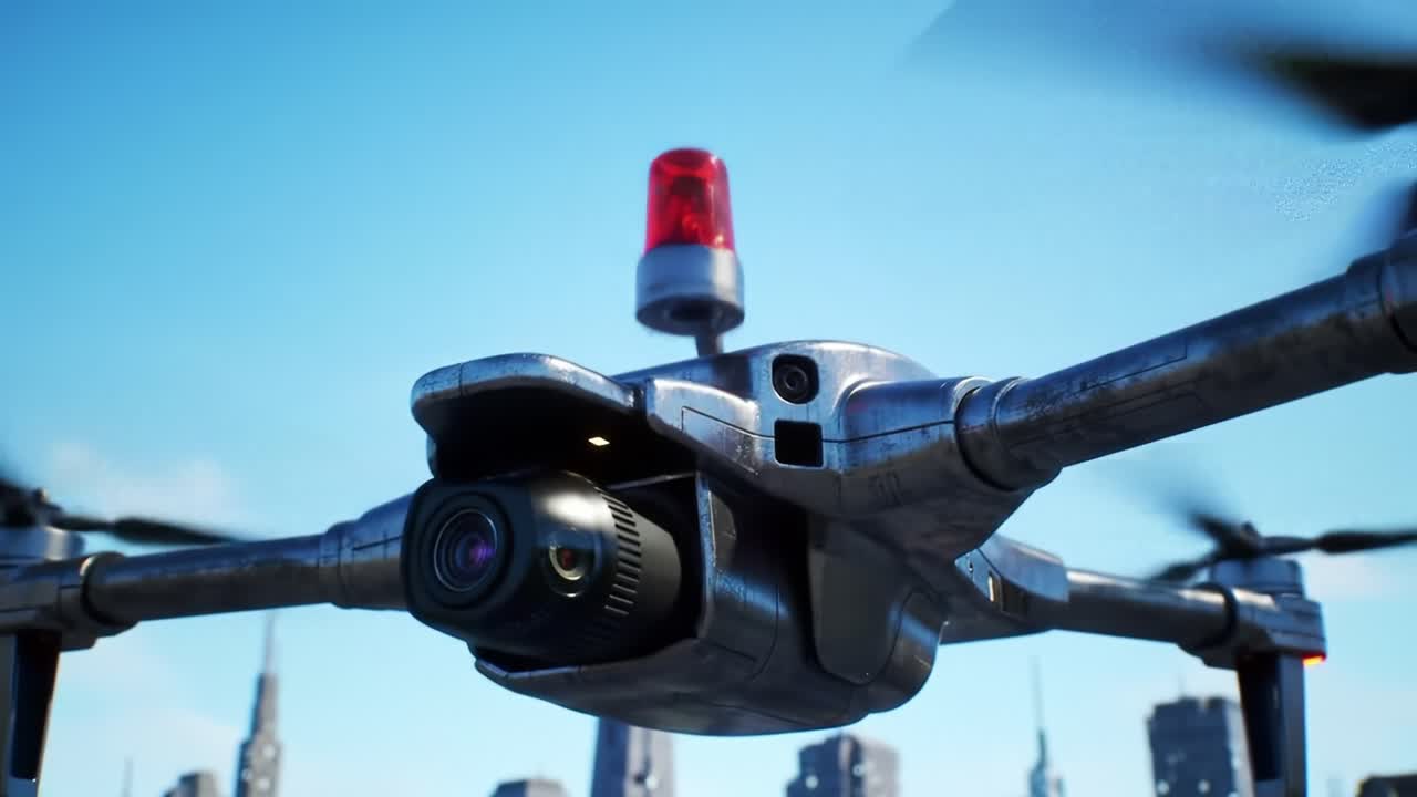 A Cutting-Edge Drone Equipped with High-Resolution Camera and Alert Light, Capturing Urban Landscapes While Navigating Through the City Skyline with Precision and Agility