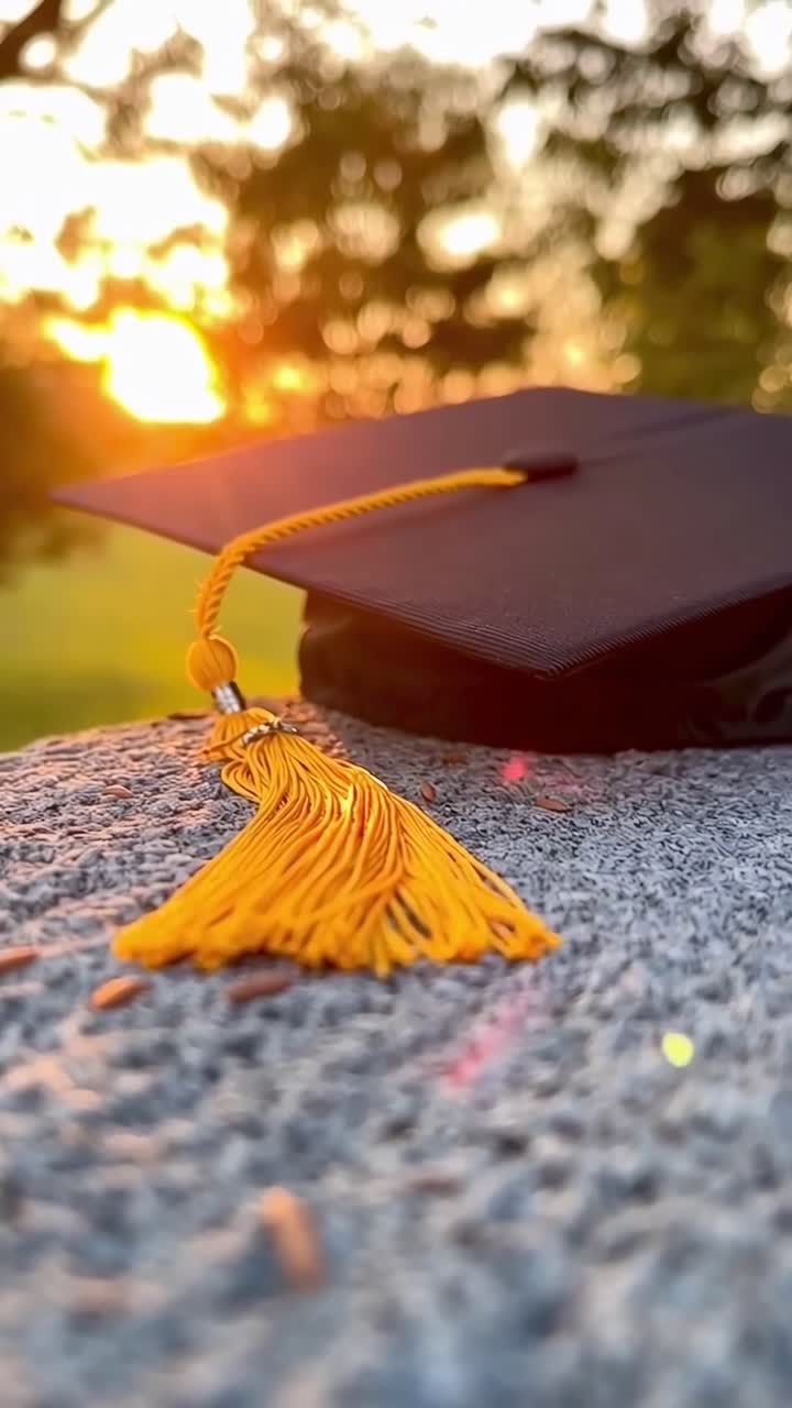 Video ravvicinato di un tocco di laurea su un davanzale di pietra al tramonto, che cattura un'atmosfera calda e celebrativa