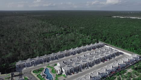 Aerial-over-luxury-resort-town-villas-in-Riviera-Maya,-Cancun-Mexico