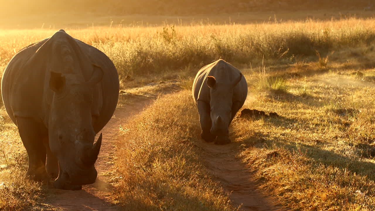 Steaming dung middens of white rhino mom and calf at sunrise, walking on track