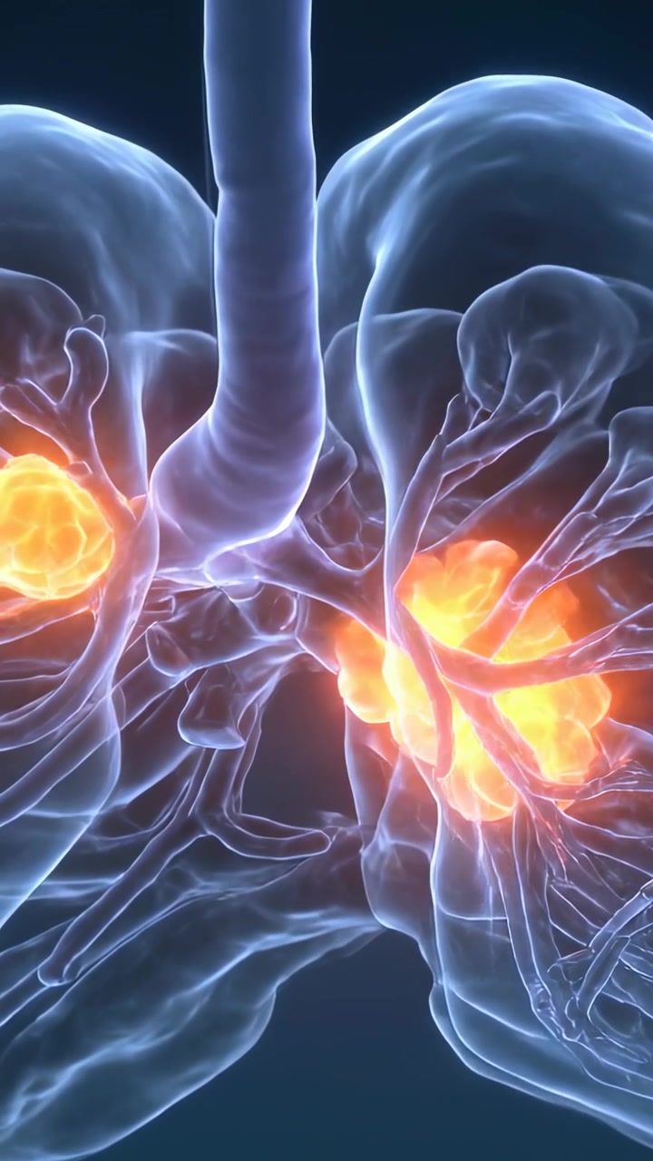 Video verticale: Zoom della telecamera, torace clinico 3D che evidenzia masse e dotti arancioni per lo studio
