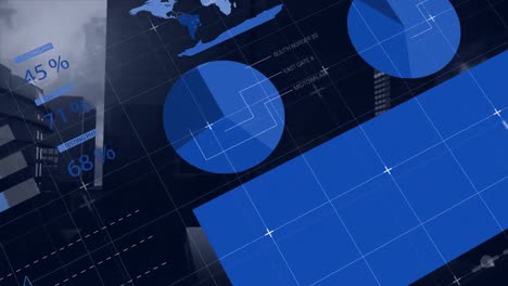 animation of infographic interface over multiple buildings against cloudy sky