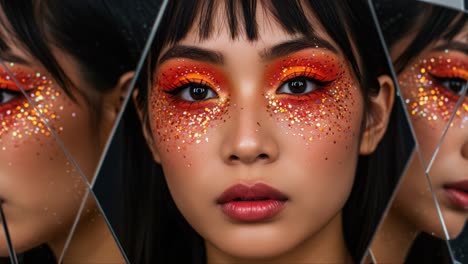 A Stunning Display of Artistic Makeup Featuring Glitter and Bold Colors Reflected in Mirrors, Highlighting the Subject's Unique Beauty and Creativity
