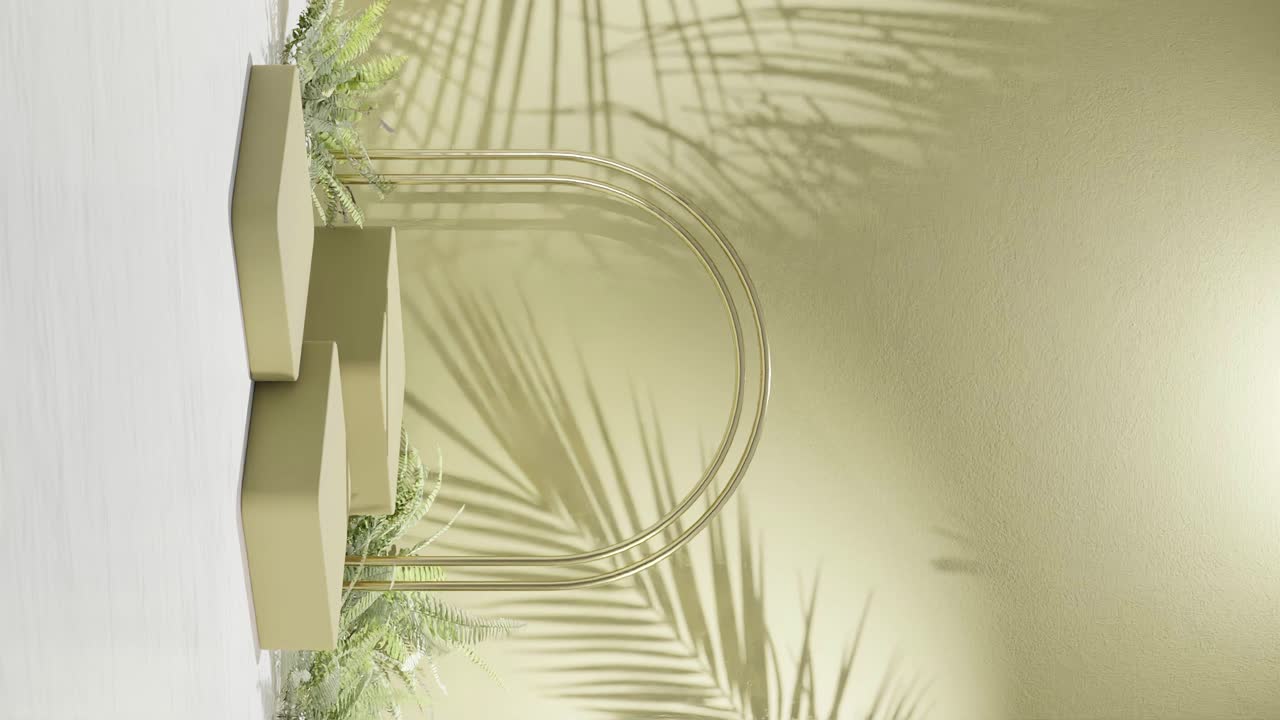 Minimal white podium display with yellow wall and palm trees shadow ...