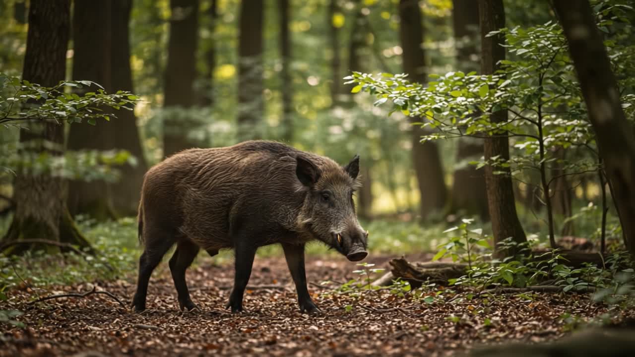 Un Cinghiale Passeggia Lungo un Sereno Sentiero nel Bosco, Sottolineando la Bellezza della Natura e il Viaggio Solitario della Fauna Selvatica nel Loro Habitat Naturale