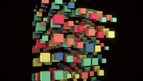 abstract flowing blue, green, red, and yellow cubes isolated on black background. animation. rotating vertical rows of colorful 3d cubes, seamless loop