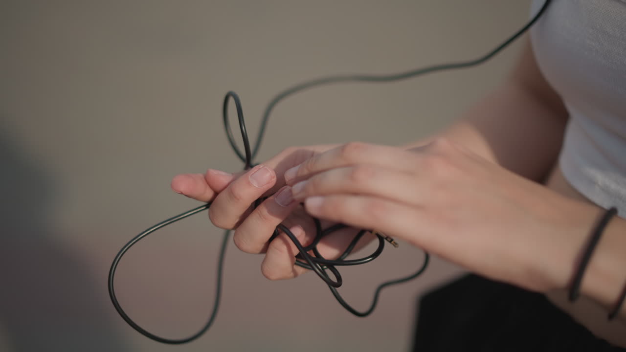 Youth dance preparation, Young woman setting up headphones and cords for street dance performance, Teen girl organizing her audio equipment and accessories before vibrant street dance activity