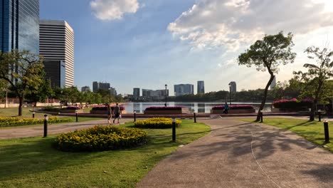 people walking in a park with city skyline.