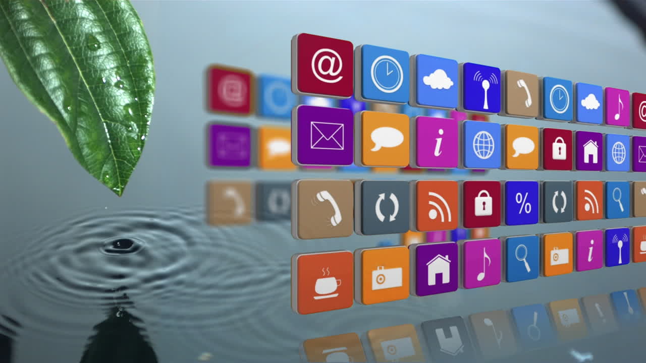 animación de filas de iconos digitales flotando sobre el agua que gotea de la hoja