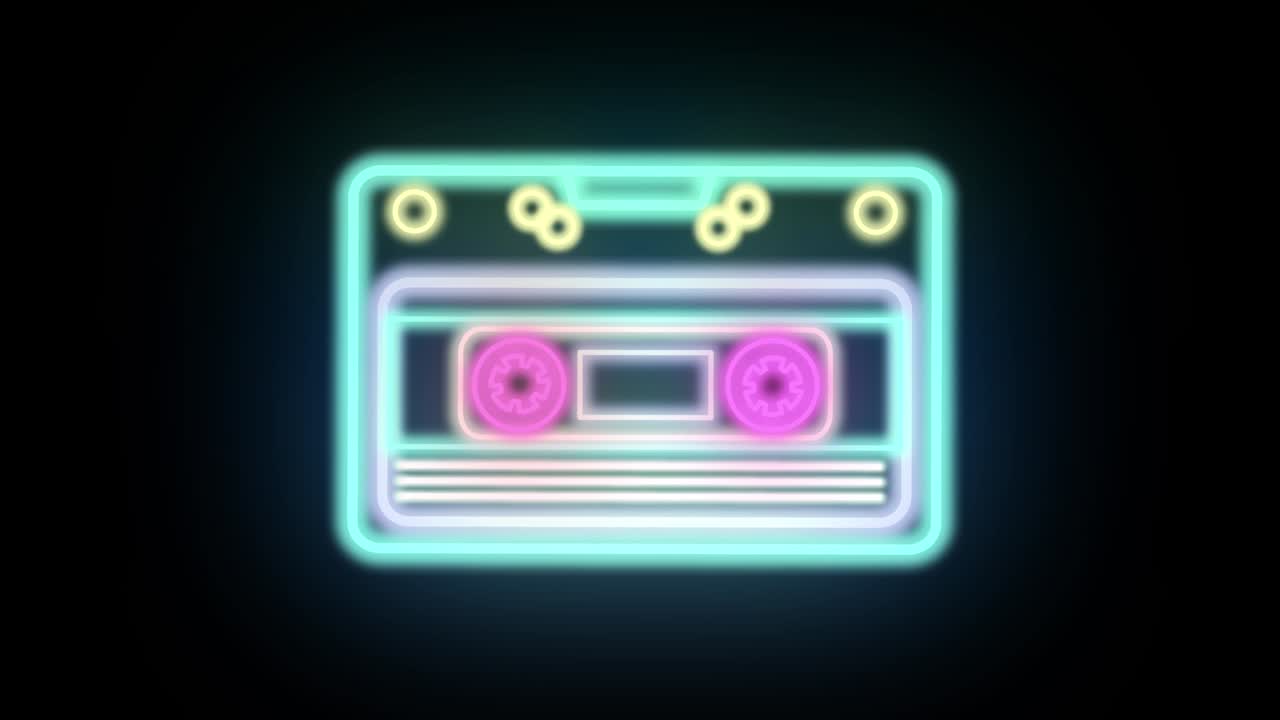 animación de cassette de música de neón retro. fondo vintage retro. concepto de discoteca de los años 80 4k