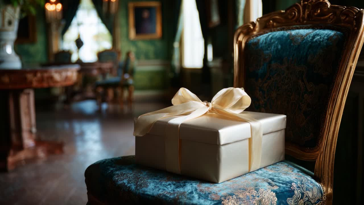 An Elegant Gift Box Adorned with a Golden Ribbon Set Against a Luxurious Background of Vintage Decor in a Grand Room, Fit for Celebratory Occasions and Special Moments