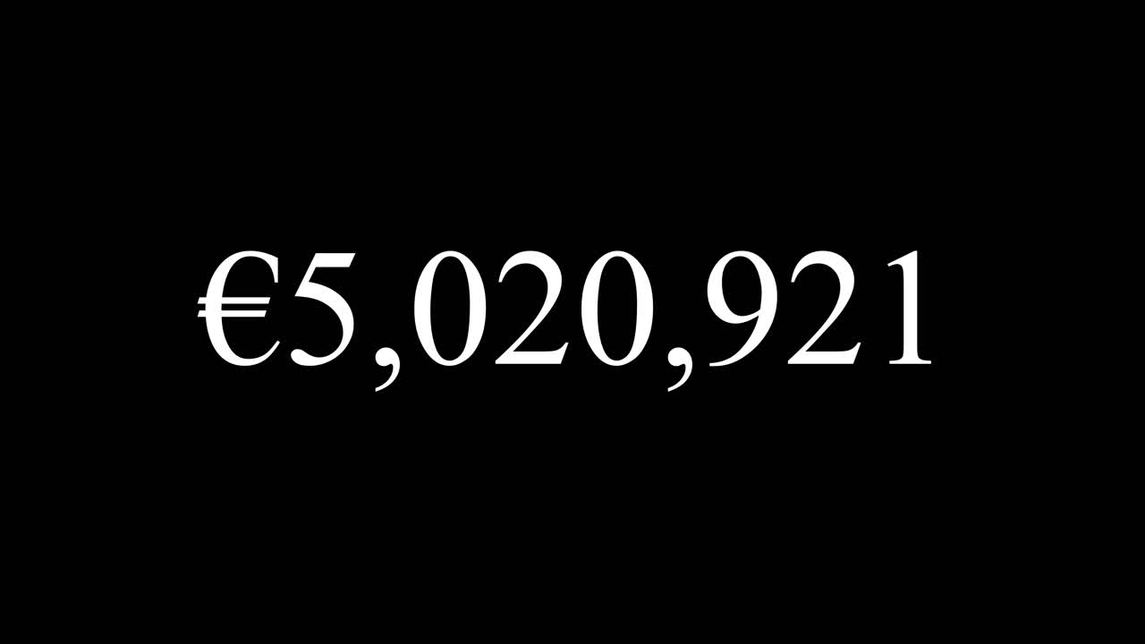 Animazione di numeri in crescita di 1 miliardo di euro, isolata su sfondo nero