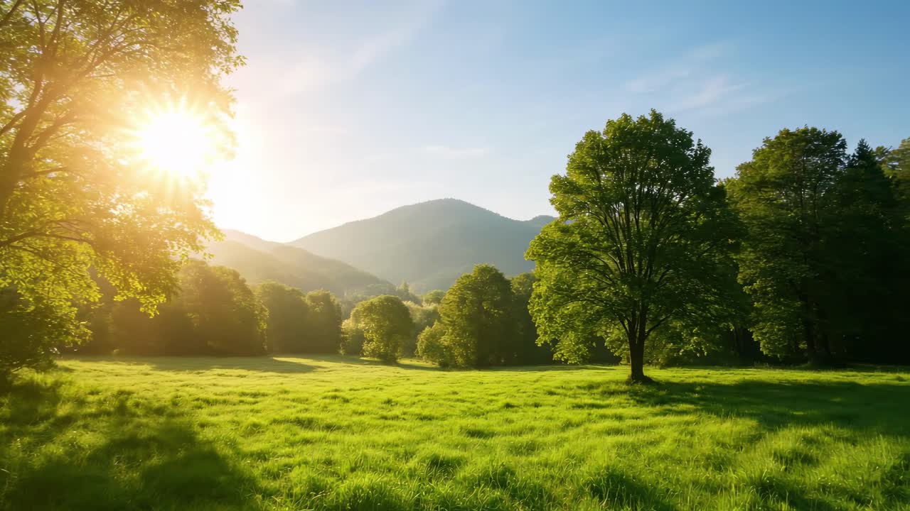 A serene landscape video captures a sunlit meadow with trees, shot from a low angle