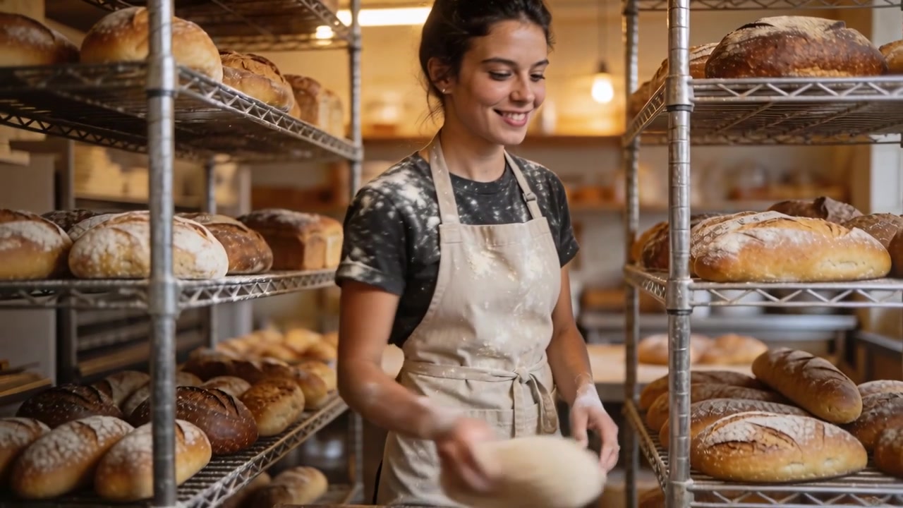 Hymyilevä leipuri esiliinassa siirtyy, kurkottaa leipää hyllyltä leipomossa, muotoilee taikinaa leivontaa varten.