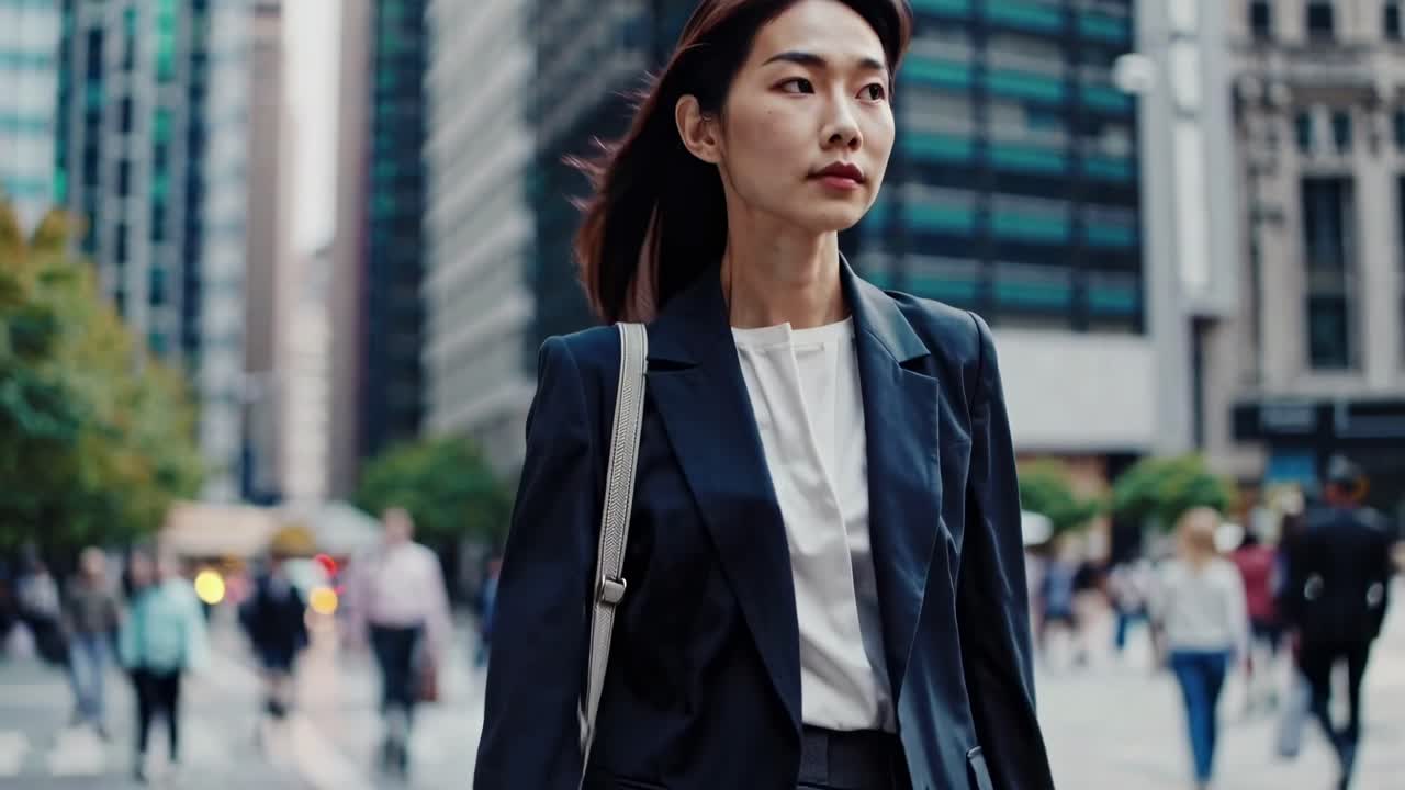 Low-angle video shot of a confident woman in a suit walking in a bustling city, showcasing urban