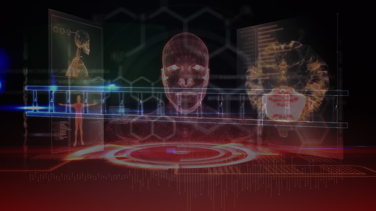 animación de la cadena de adn de construcción, con diagramas de cuerpo y cara y procesamiento de datos en interfaz oscura