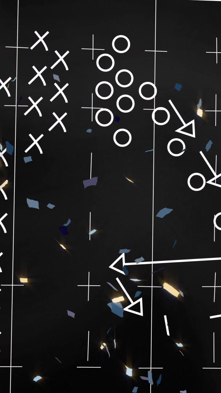 Animation of game plan on board and confetti over sports stadium