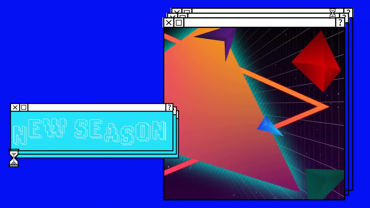 컴퓨터 화면과 생동감 넘치는 배경에서 새로운 시즌 텍스트의 애니메이션