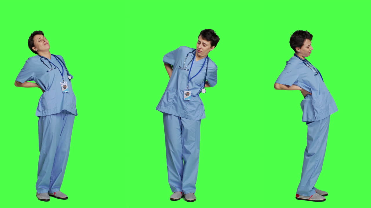 건강 전문가가 근무 후 허리 통증에 시달리고 있습니다.