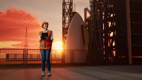 full body of asian female engineer with safety helmet looking at the tablet in her hand and looking around while standing with space shuttle, sunset time