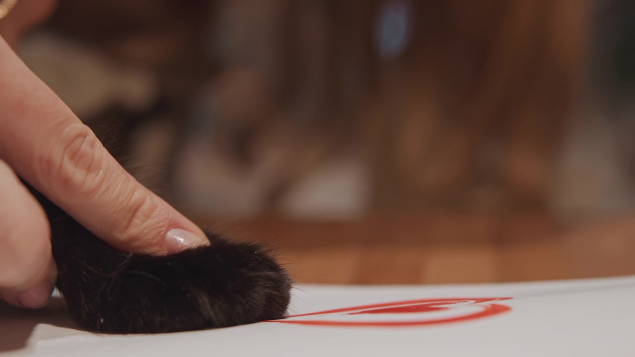 Black cat paw repeatedly touches red heart drawing on white paper guided by human hand. scene features soft lighting and close up focus throughout with background remaining blurred