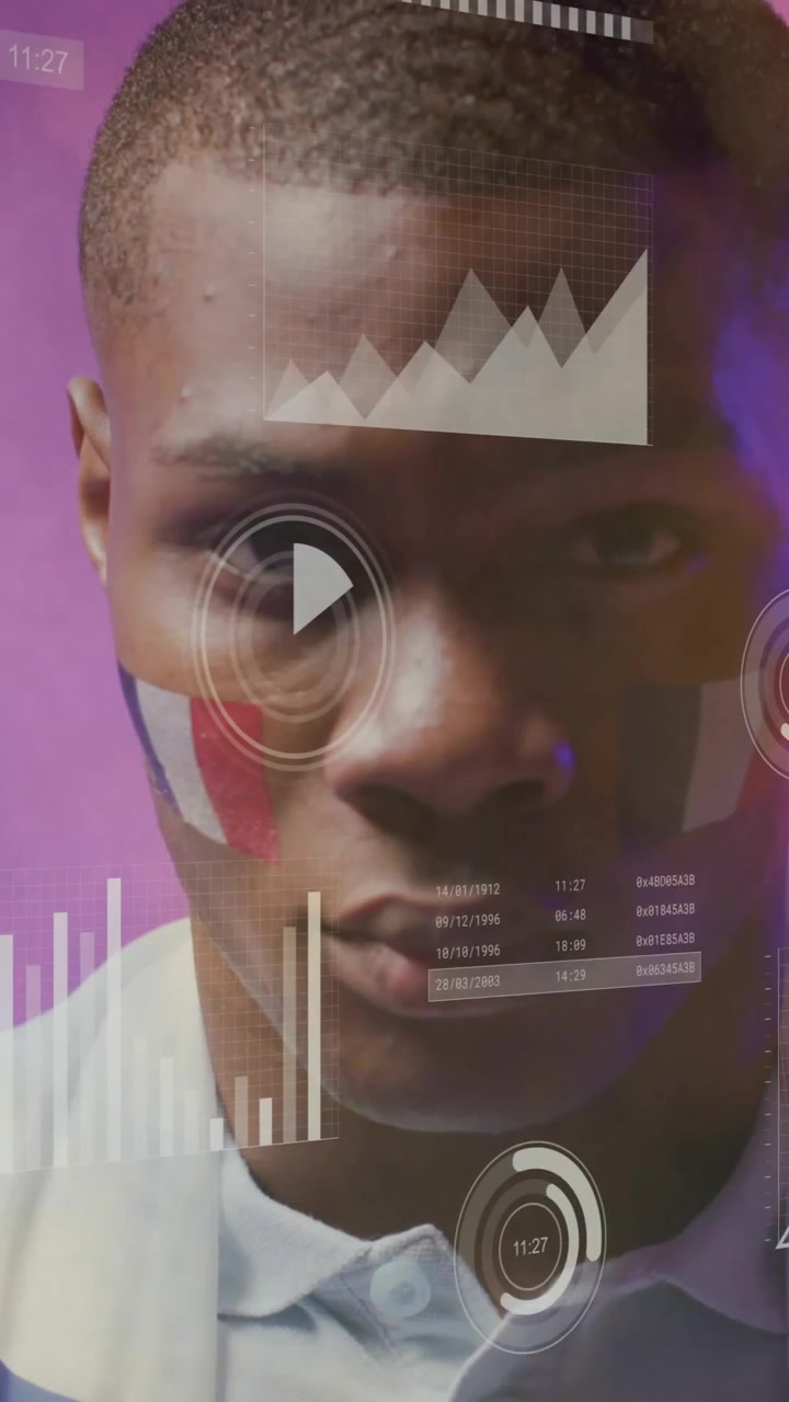 Animation of charts processing data over african american male sports fan with french flag on face